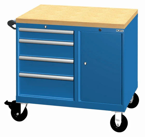 LISTA Mobile Workcenter with integrated butcher block worktop, 4 drawers + door/shelf compartment (XSMMPNW0600-0603)